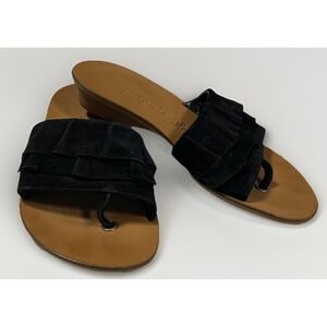 Paul Green Thong Sandals Women's US 6 Black Suede Slides Flip Flop Ruffles